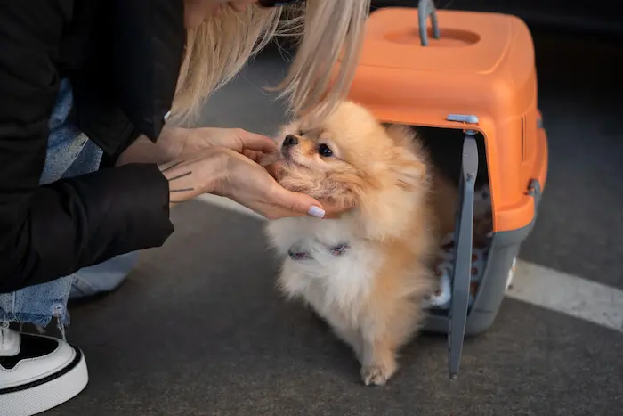 perrito lindo apunto de entrar a su jaulita