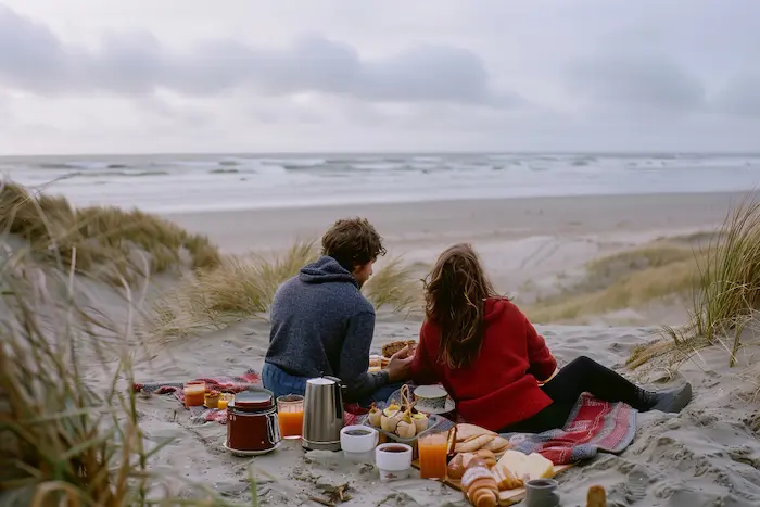 enamorados haciendo un picnic cerca a la playa